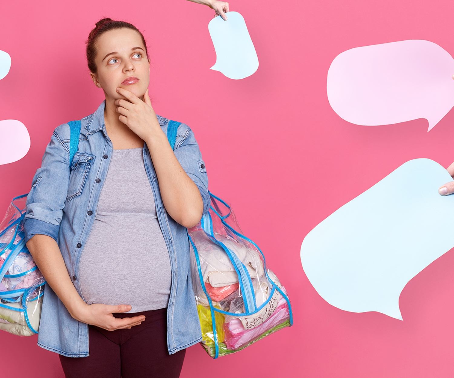 Pregnant woman thoughtfully considering fertility myths and evidence-based conception advice, standing with casual clothing and holding her belly