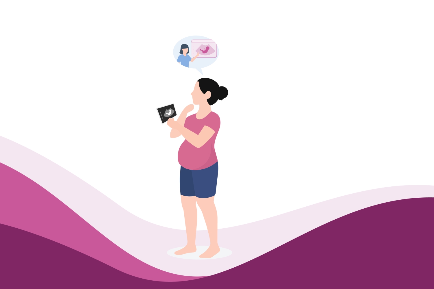 Pregnant woman looking at ultrasound image and thinking about scan interpretation