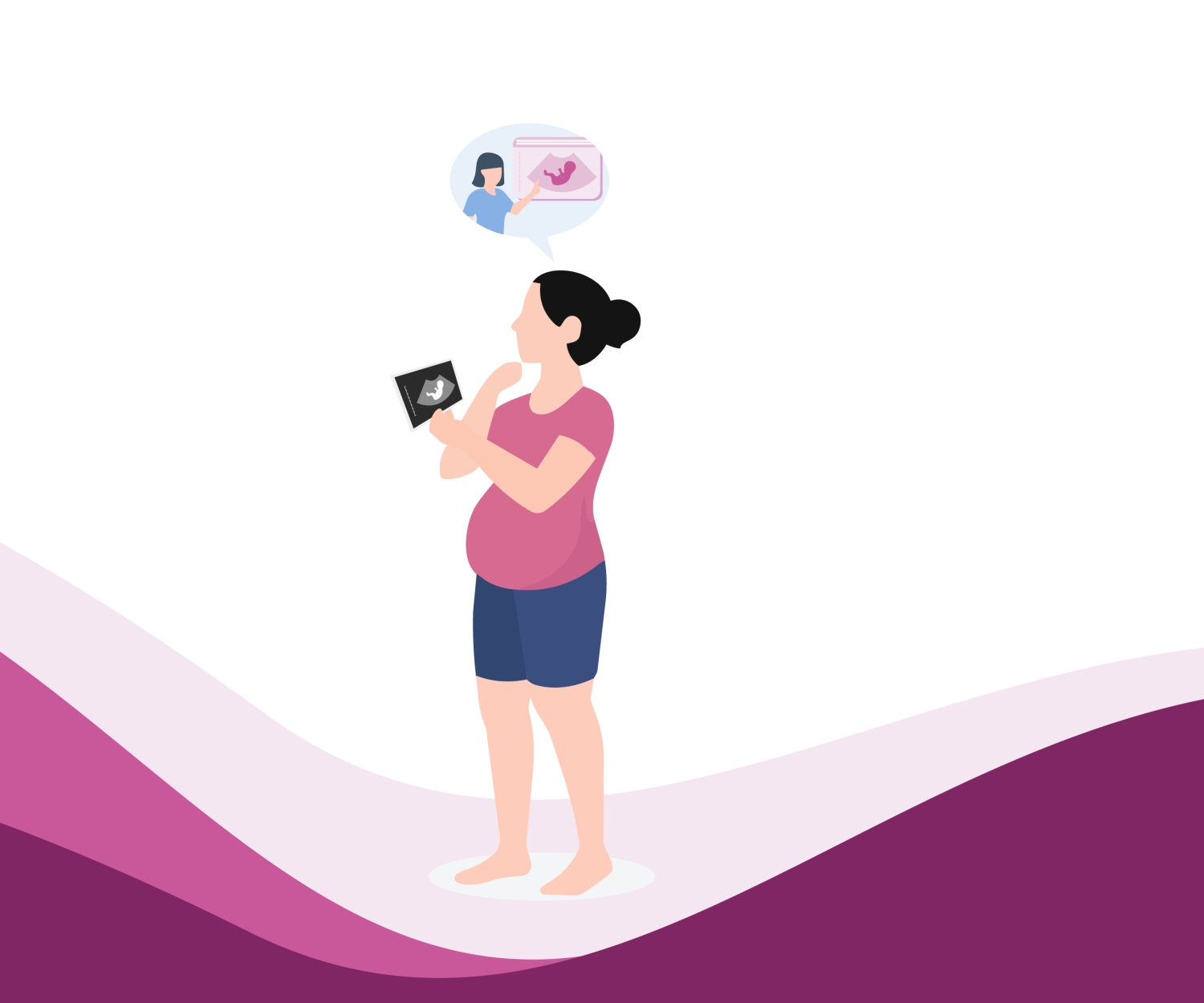 Pregnant woman looking at ultrasound image and thinking about scan interpretation