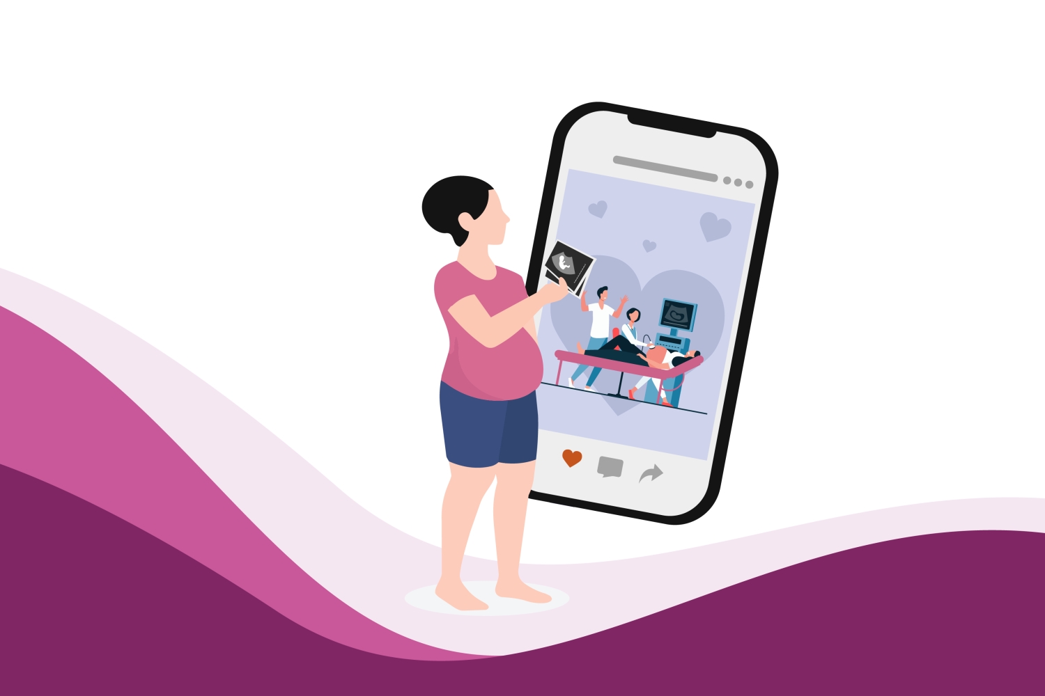 Pregnant woman comparing ultrasound image with social media pregnancy posts
