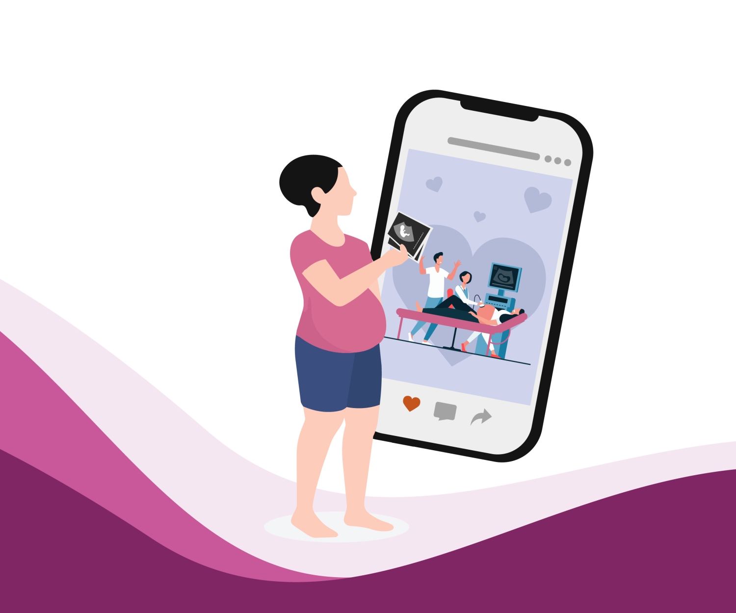 Pregnant woman comparing ultrasound image with social media pregnancy posts