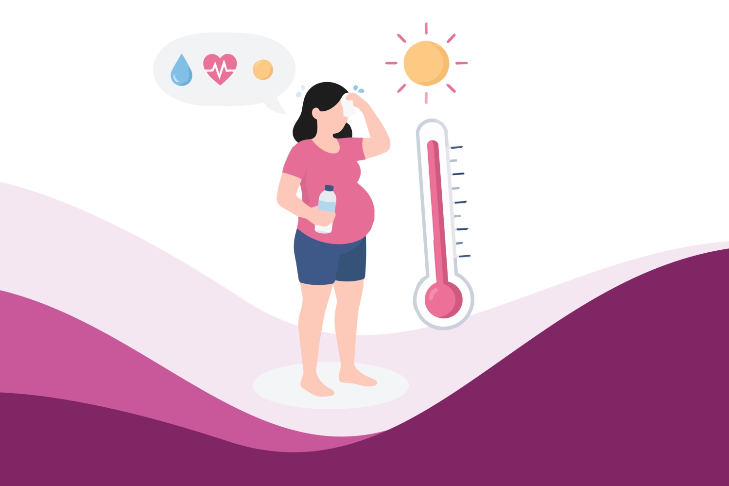 Illustration of a pregnant woman feeling warm and tired in hot weather and drinking water to stay hydrated during pregnancy.