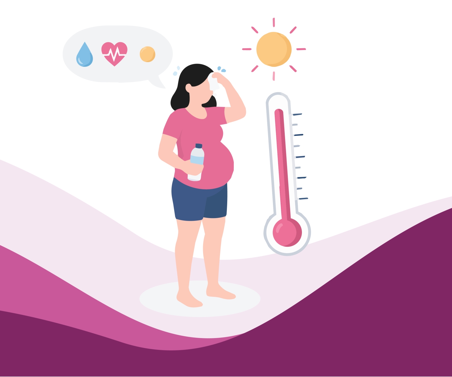 Illustration of a pregnant woman feeling warm and tired in hot weather and drinking water to stay hydrated during pregnancy.