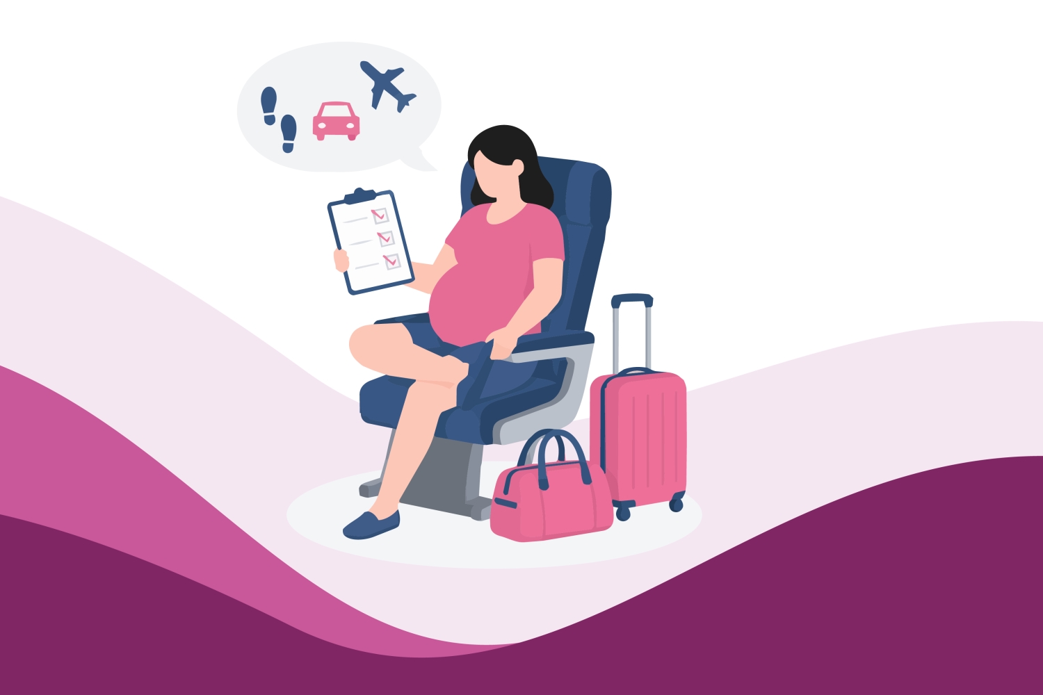 Illustration of a pregnant woman travelling with luggage and thinking about flights and car journeys during pregnancy.
