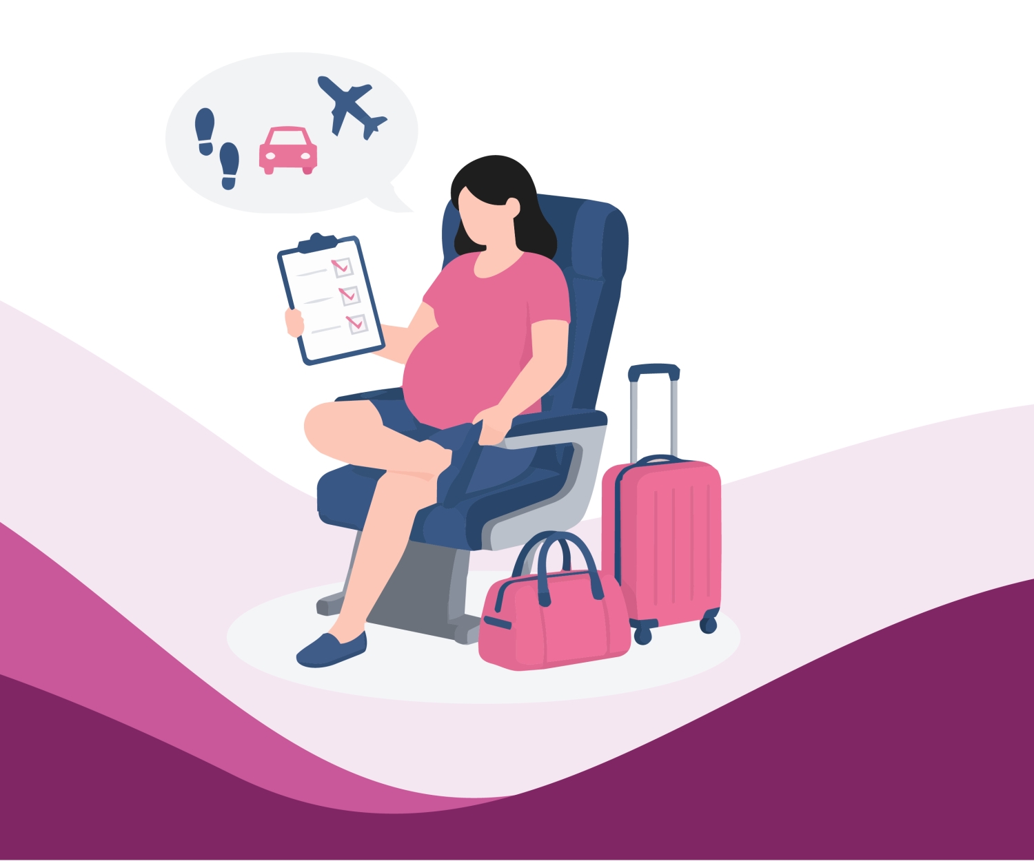 Illustration of a pregnant woman travelling with luggage and thinking about flights and car journeys during pregnancy.