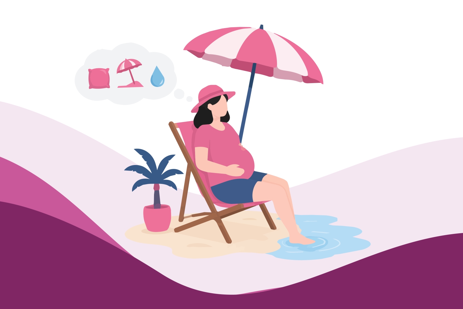 Illustration of a pregnant woman relaxing in the shade by the water to stay comfortable during pregnancy.