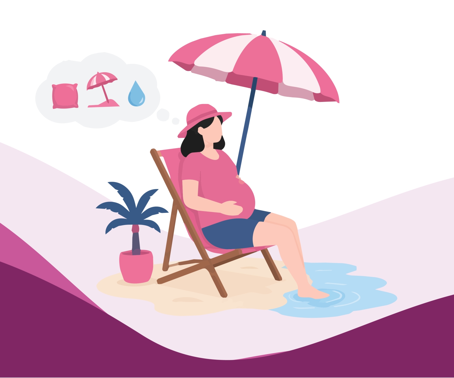 Illustration of a pregnant woman relaxing in the shade by the water to stay comfortable during pregnancy.