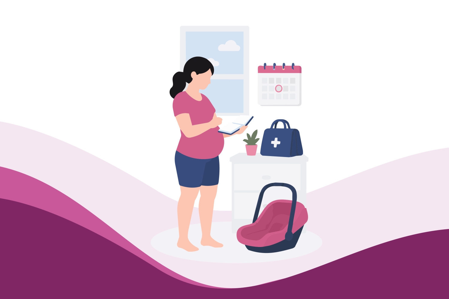 Pregnant woman preparing for birth with a hospital bag and baby car seat