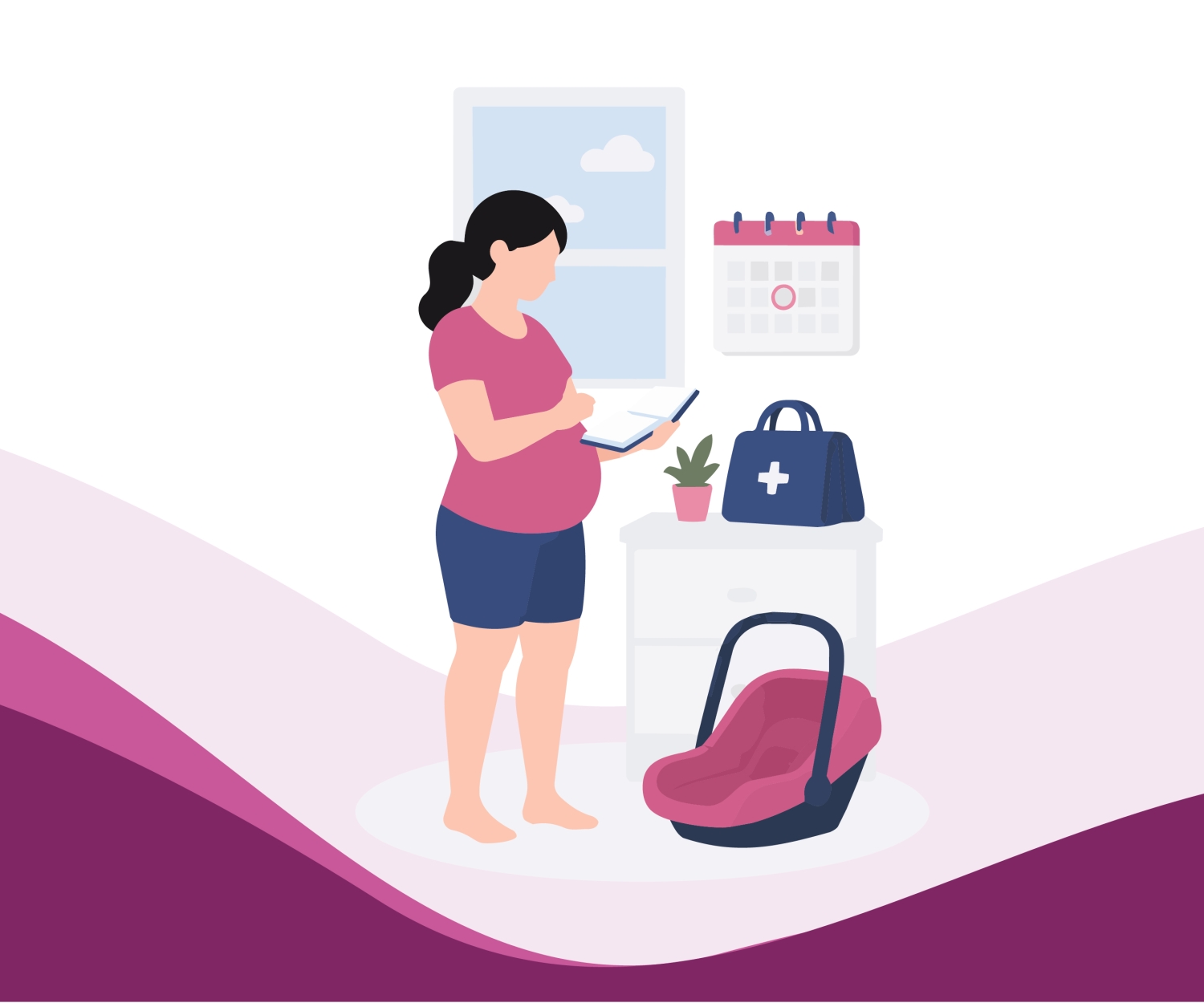 Pregnant woman preparing for birth with a hospital bag and baby car seat