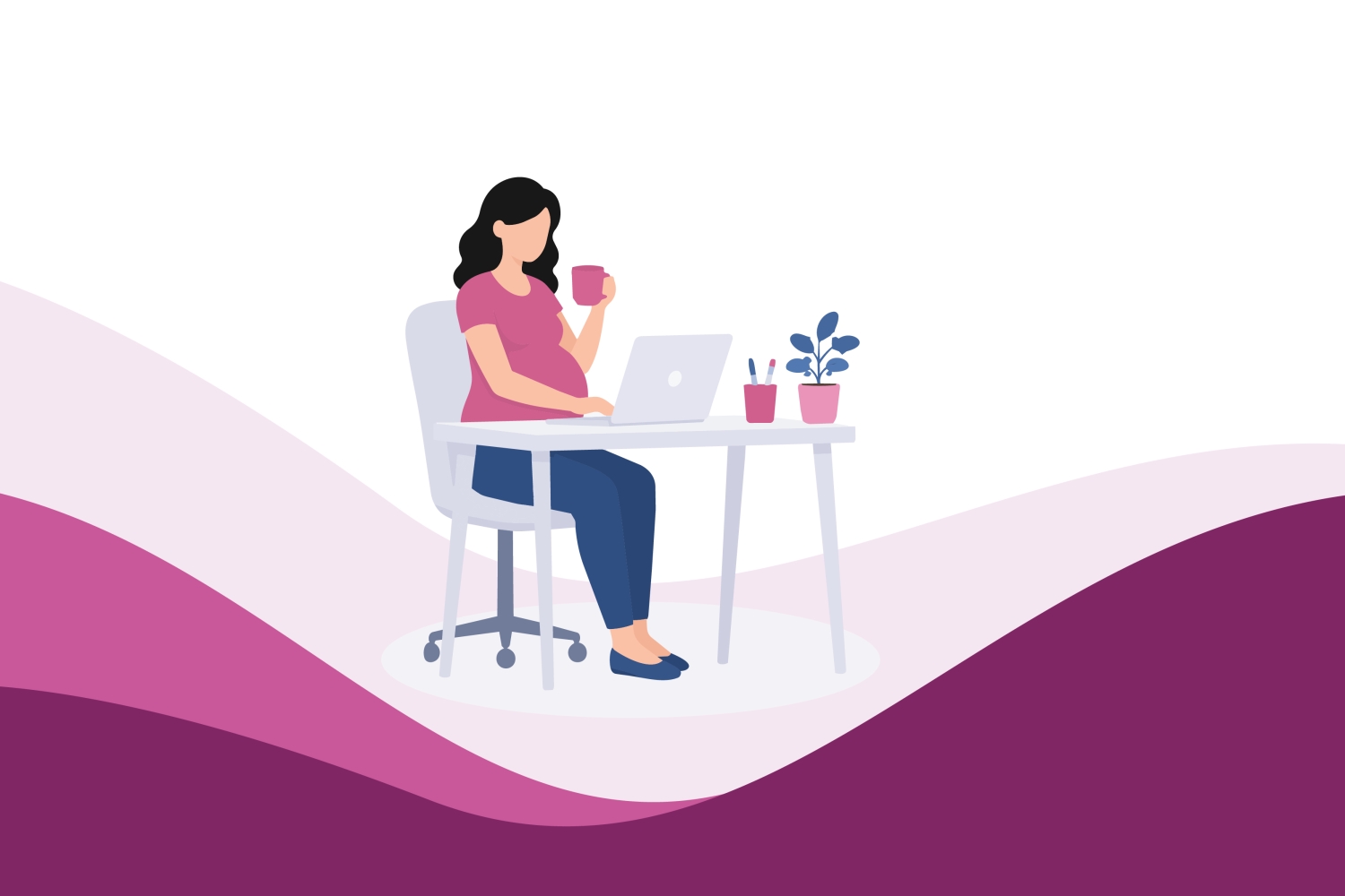 Pregnant woman working on a laptop at a desk