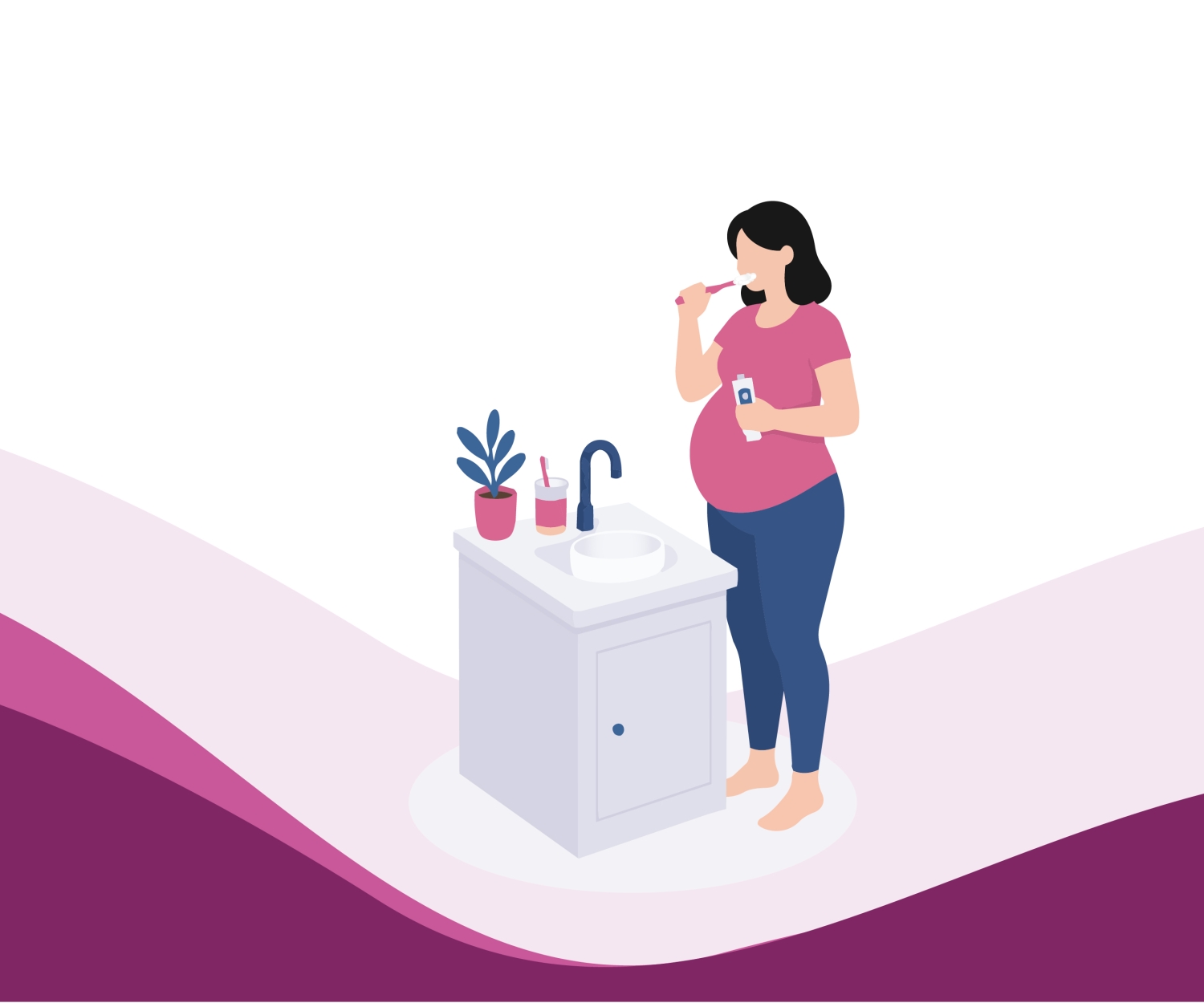 Pregnant woman brushing her teeth in a bathroom