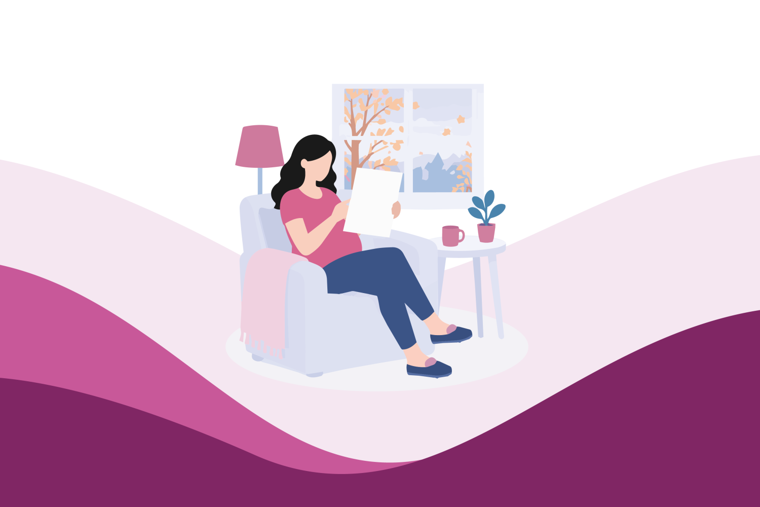 Illustration of a pregnant woman relaxing at home beside an autumn window
