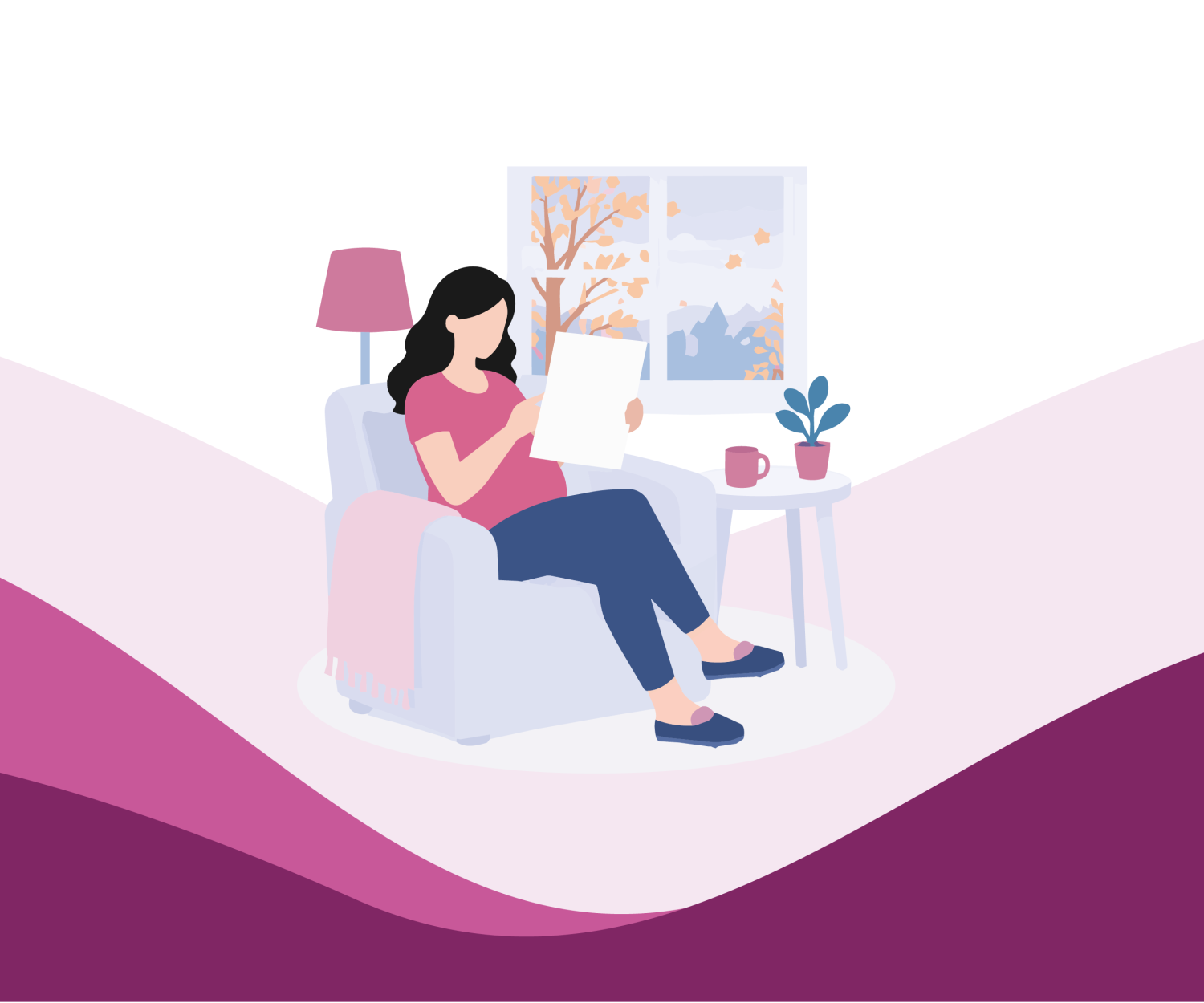 Illustration of a pregnant woman relaxing at home beside an autumn window