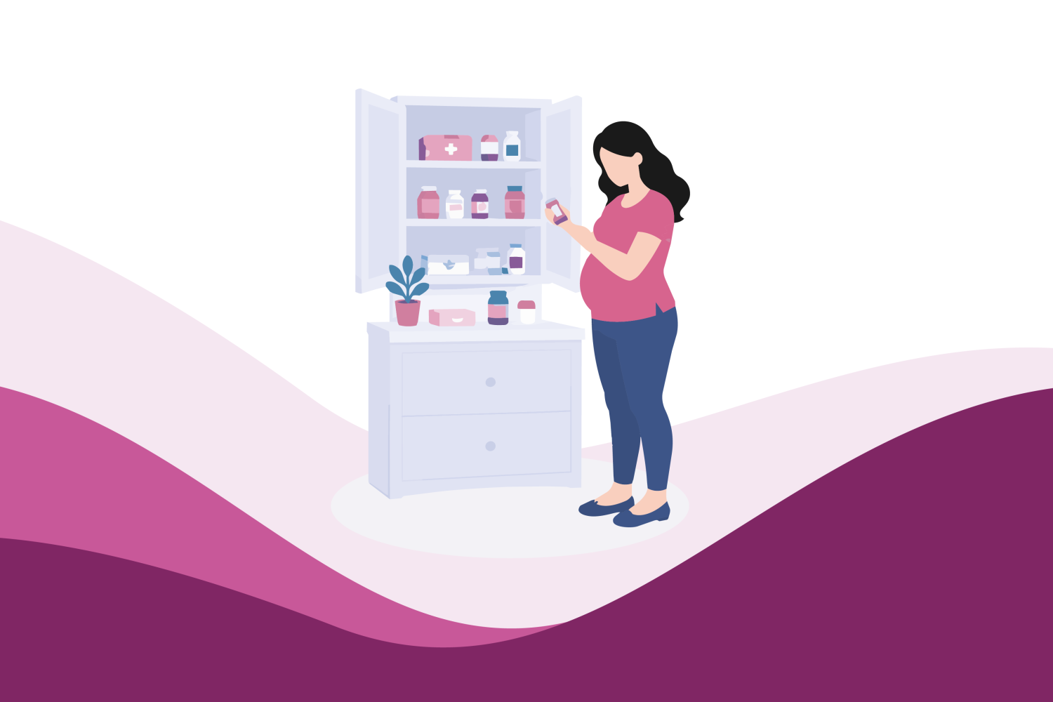 Illustration of a pregnant woman checking medicines in a home medicine cabinet