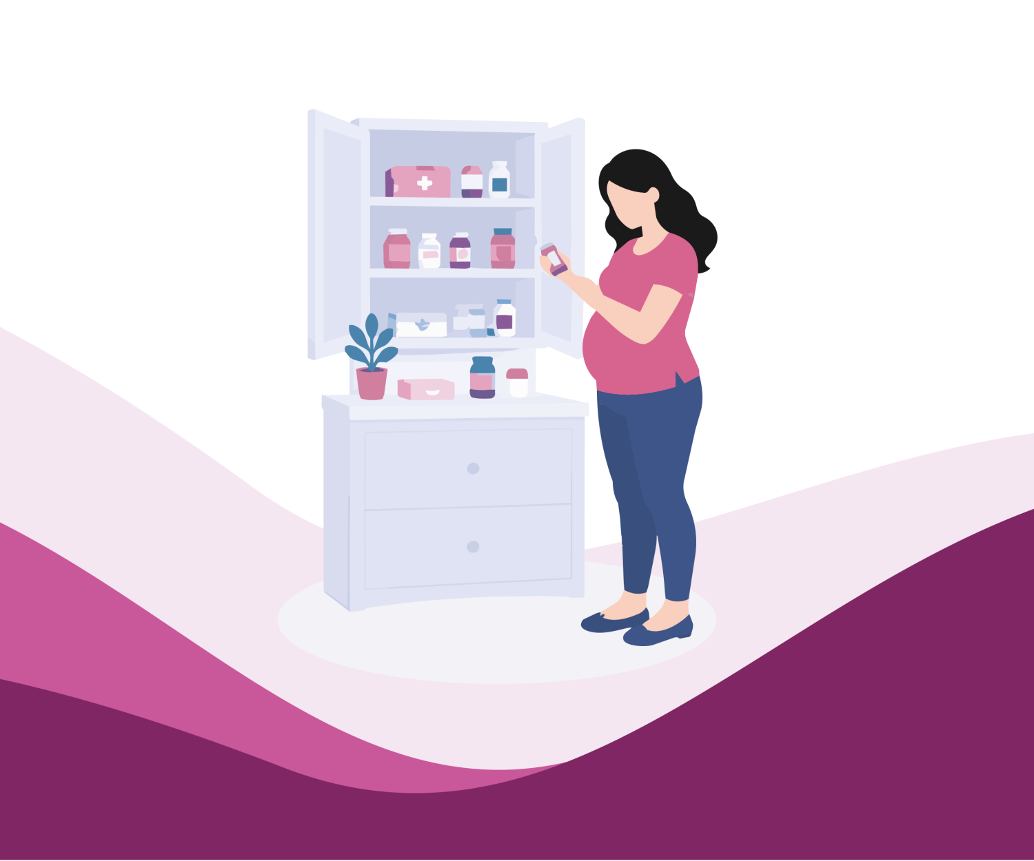 Illustration of a pregnant woman checking medicines in a home medicine cabinet