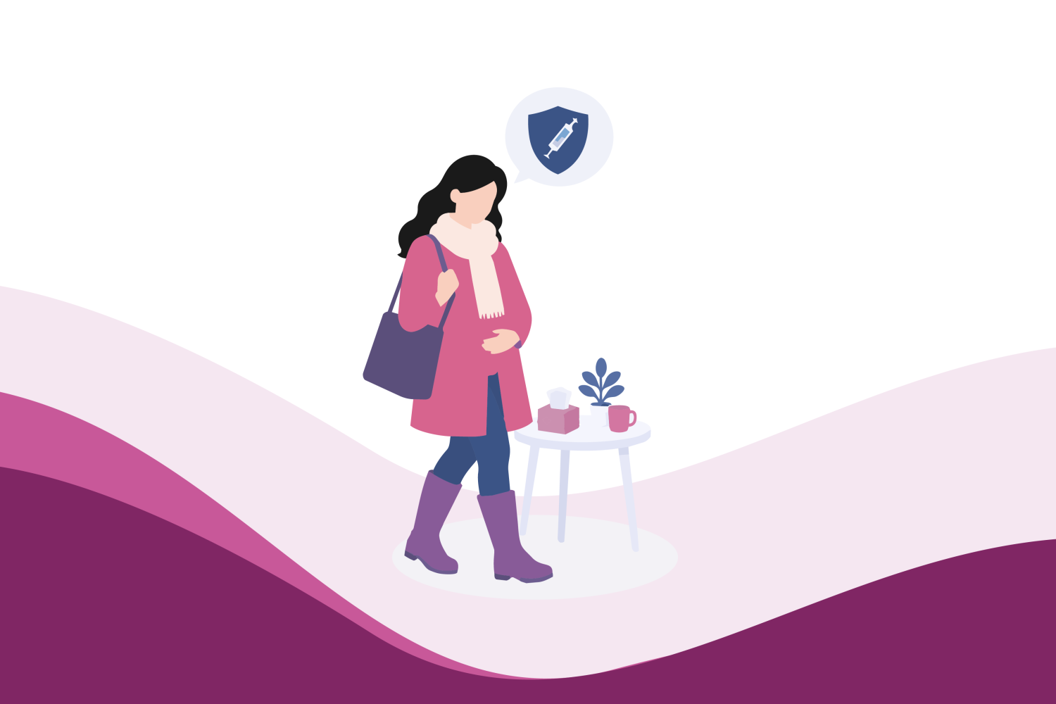 Illustration of a pregnant woman dressed for cold weather with a health protection symbol over her head, thinking about flu protection.