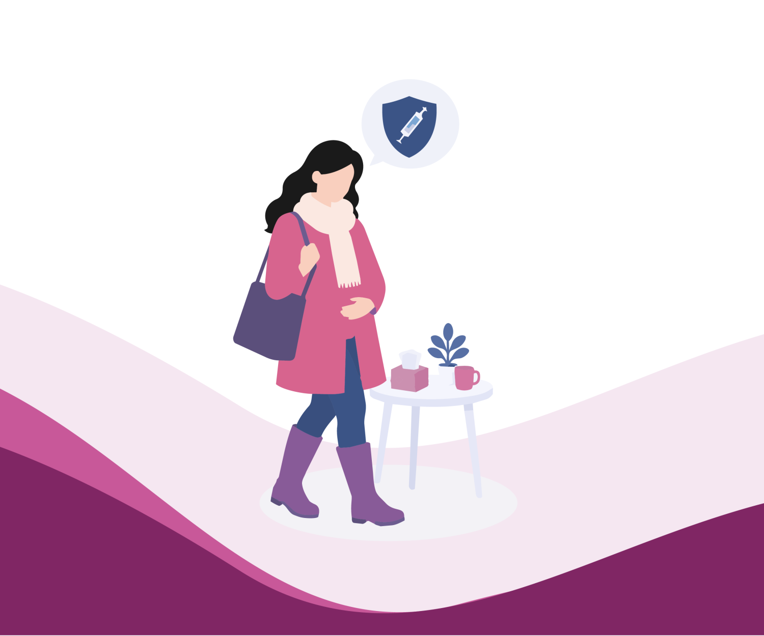 Illustration of a pregnant woman dressed for cold weather with a health protection symbol over her head, thinking about flu protection.
